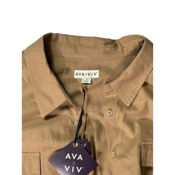 Ava & Viv Women's Long Sleeve Tan Relaxed Fit Button-Down Shirt Sz 3x - Picture 1 of 15
